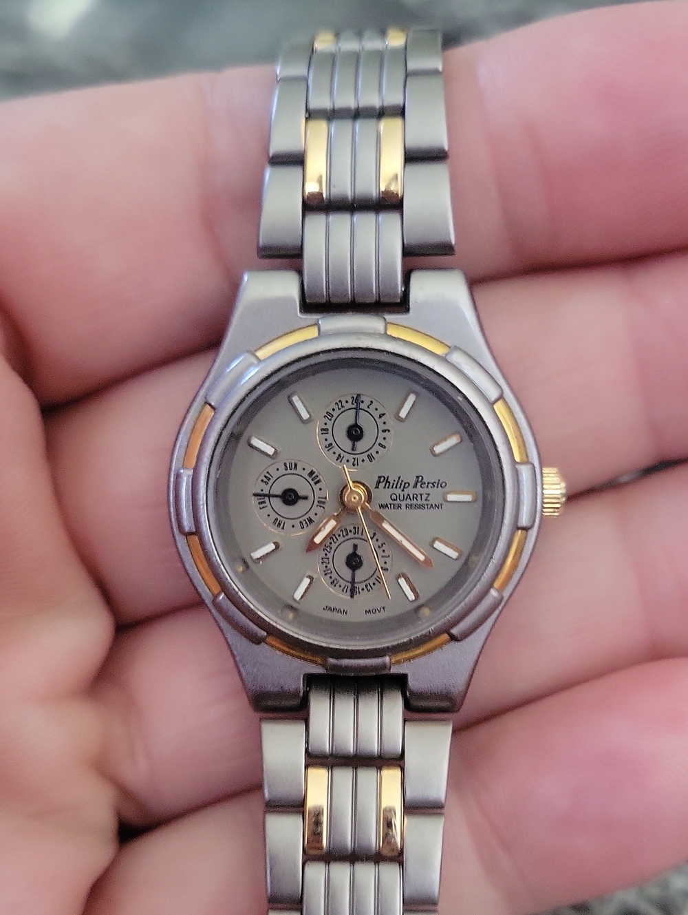 Vtg. Philip Persio Water Resistant Titanium & Gold Tone 46BAL01362 Q. C. Passed